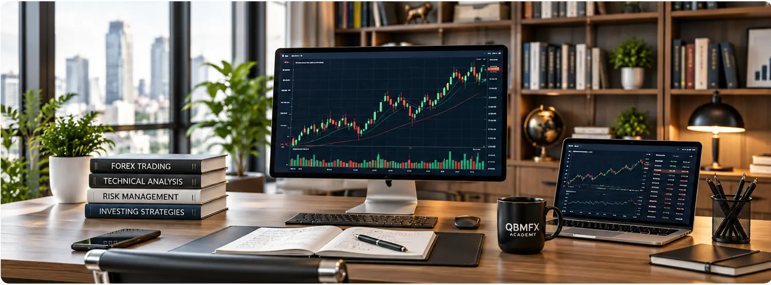 Trading workspace with financial charts and a bookshelf filled with books